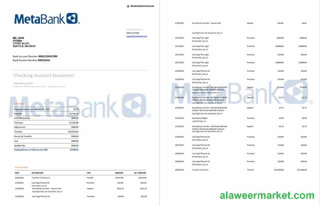 USA Washington Metabank account statement Word and PDF template, 2 pages